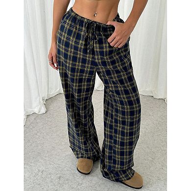 Women's Plaid Pants Elastic Waist Wide Leg Loose Casual Trousers