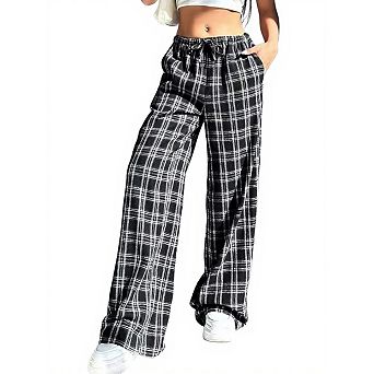 Women's Plaid Pants Elastic Waist Wide Leg Loose Casual Trousers