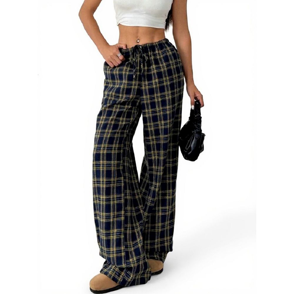 Plaid Wide-Leg Pants with Back Elastic Waist main image 0