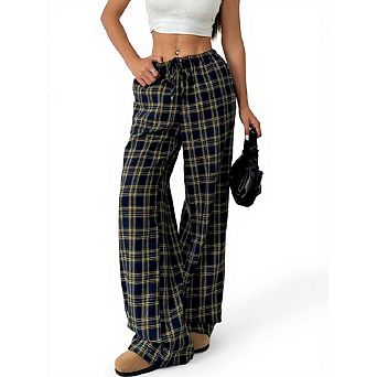 Women's Plaid Pants Elastic Waist Wide Leg Loose Casual Trousers