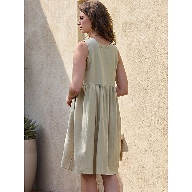 Linen Sleeveless Dress for Women's Summer V Neck Button Down Pleated Midi Dresses