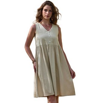 Linen Sleeveless Dress for Women's Summer V Neck Button Down Pleated Midi Dresses
