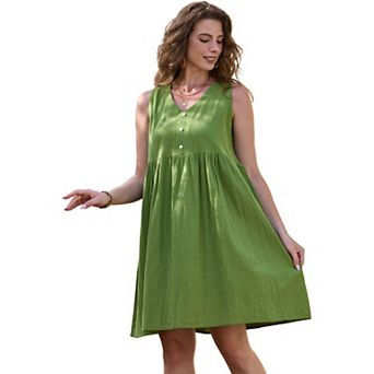 Linen Sleeveless Dress for Women's Summer V Neck Button Down Pleated Midi Dresses