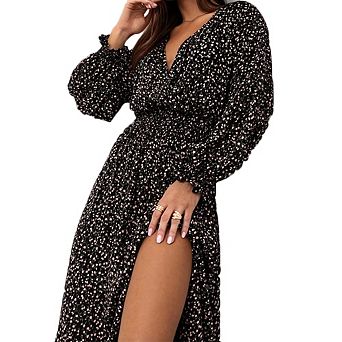Women High Waist Slit Long Sleeves Maxi Dress
