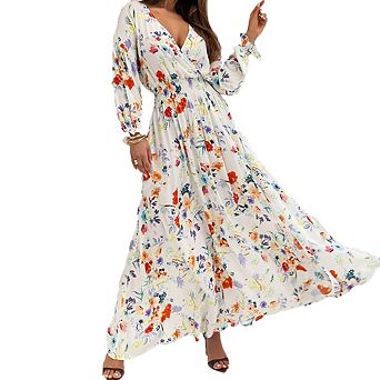 Women High Waist Slit Long Sleeves Maxi Dress