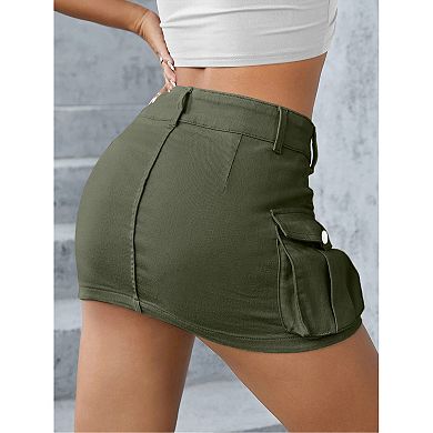 Women's Casual Mini Skirt Button Bodycon Cargo Skirt with Pocket