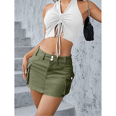 Women's Casual Mini Skirt Button Bodycon Cargo Skirt with Pocket