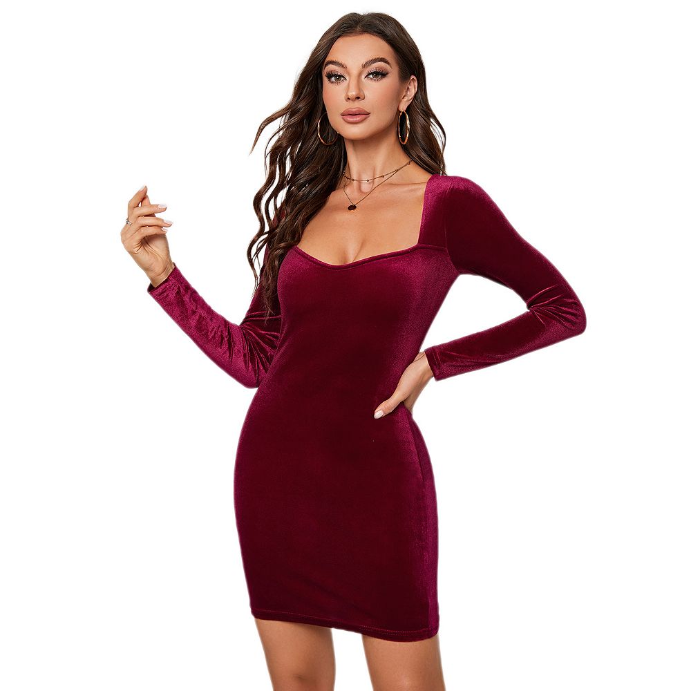 Square Neck Velvet Mini Dress - Red
