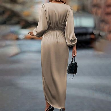 Women Wrap Satin Midi Dress Split Hem Ruched Formal Clothing