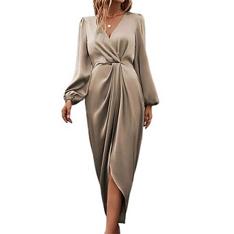 Women Wrap Satin Midi Dress Split Hem Ruched Formal Clothing