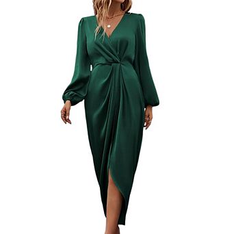 Women Wrap Satin Midi Dress Split Hem Ruched Formal Clothing
