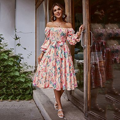 Women Off Shoulder Floral Flowy A Line Maxi Dress