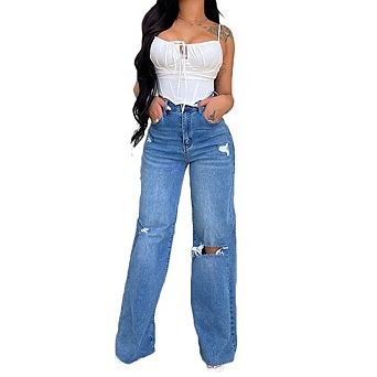 Women Wide Leg Jeans Distressed Casual Loose Fit Denim Pants