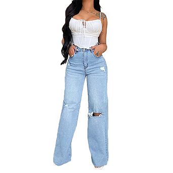 Women Wide Leg Jeans Distressed Casual Loose Fit Denim Pants
