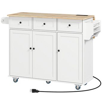 HOMCOM Mobile Kitchen Island with Power Outlet Drop Leaf Kitchen Cart