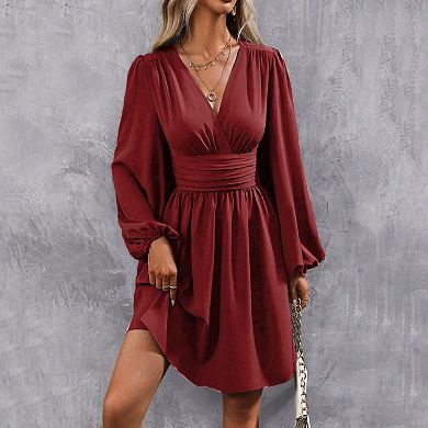 Women Elegant V Neck Long Sleeve Wrap Dress