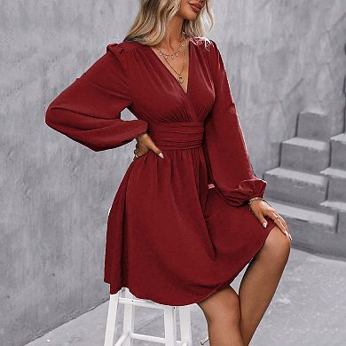 Women Elegant V Neck Long Sleeve Wrap Dress