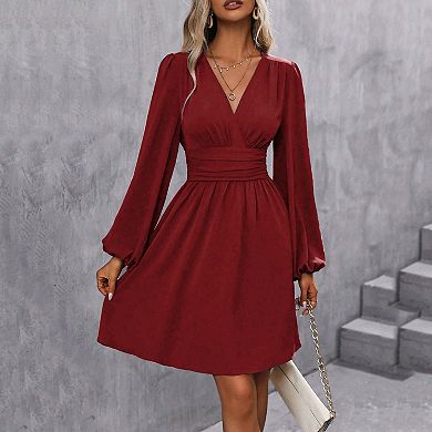 Women Elegant V Neck Long Sleeve Wrap Dress