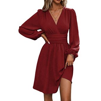 Women Elegant V Neck Long Sleeve Wrap Dress