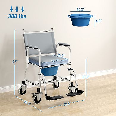 HOMCOM Rolling Shower Wheelchair, Bedside Commode Toilet Chair for Seniors