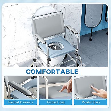 HOMCOM Rolling Shower Wheelchair, Bedside Commode Toilet Chair for Seniors