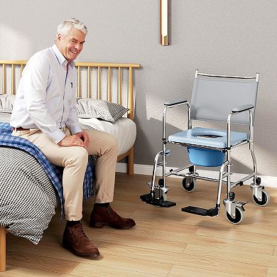 HOMCOM Rolling Shower Wheelchair, Bedside Commode Toilet Chair for Seniors