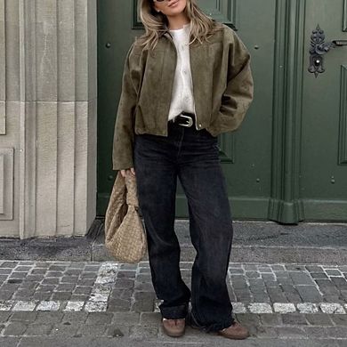 Women Oversized Long Sleeve Zip Up Jackets Casual Faux Suede Coat