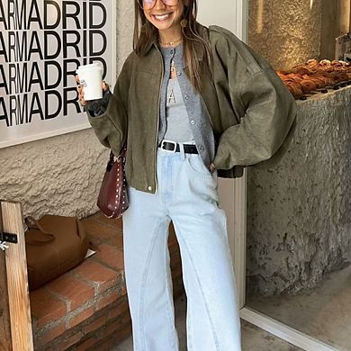 Women Oversized Long Sleeve Zip Up Jackets Casual Faux Suede Coat