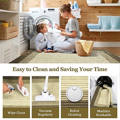 Modern Border Machine Washable Rug Non-Slip Non Shedding Gradient Soft Low Pile Foldable Carpet