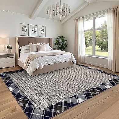 Modern Bordered Washable Rug Non Shedding Low Pile Lightweight Stain Resistant Foldable Carpet