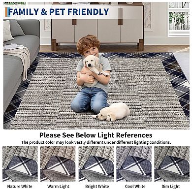 Modern Bordered Washable Rug Non Shedding Low Pile Lightweight Stain Resistant Foldable Carpet