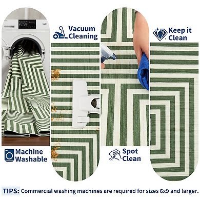 Striped Machine Washable Rug, Stain-Resistant Ultra-Thin Carpet, Soft Low Pile Indoor Floor Mat