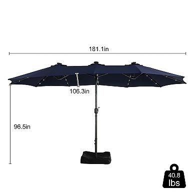 15 ft. Extra-Large Outdoor Market Double-Sided Patio Umbrella with Base and Solar LED