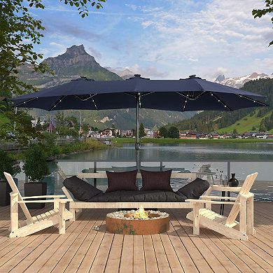 15 ft. Extra-Large Outdoor Market Double-Sided Patio Umbrella with Base and Solar LED