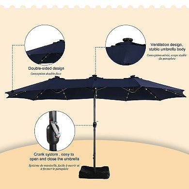 15 ft. Extra-Large Outdoor Market Double-Sided Patio Umbrella with Base and Solar LED