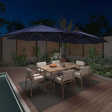 15 ft. Extra-Large Outdoor Market Double-Sided Patio Umbrella with Base and Solar LED