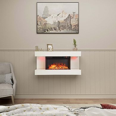 32/50 in. Wall Mounted Hanging Electric Fireplace with Remote Control in White