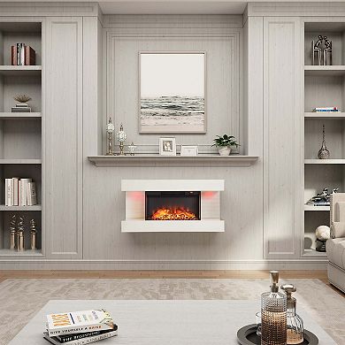 32/50 in. Wall Mounted Hanging Electric Fireplace with Remote Control in White