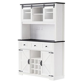 Whisen Farmhosue Pantry Storage Cabinet with Storage Rack, Sliding Door, Power Outlet and 3 Drawers