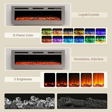 50/60 in. Wall Mounted and Recessed Stainless Steel Electric Fireplace in Silver