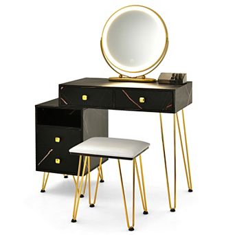 Costway Vanity Table Stool Set Dimmer LED Mirror Large Cabinet Drawer