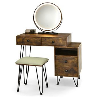 Costway Vanity Table Stool Set Dimmer LED Mirror Large Cabinet Drawer