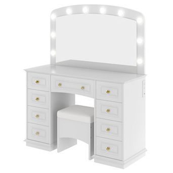 Whisen Luxurious Makeup Vanity with 10 Hollywood Bulbs, 3 Color Lighting Modes and 9 Storage Drawers