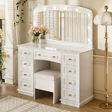 Whisen Luxurious Makeup Vanity with 10 Hollywood Bulbs, 3 Color Lighting Modes and 9 Storage Drawers