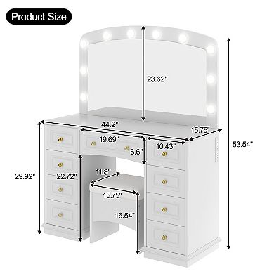 Whisen Luxurious Makeup Vanity with 10 Hollywood Bulbs, 3 Color Lighting Modes and 9 Storage Drawers