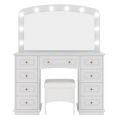 Whisen Luxurious Makeup Vanity with 10 Hollywood Bulbs, 3 Color Lighting Modes and 9 Storage Drawers