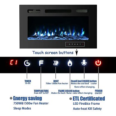 30/36/42/50/60/72 in. Wall Mounted Recessed Electric Fireplace with Logs and Crystals