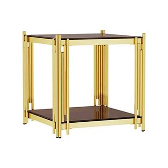 Modern Luxury Gold End Table,19.69" Square Side Table with 8mm Tempered Brown Glass, Two-Tier Design