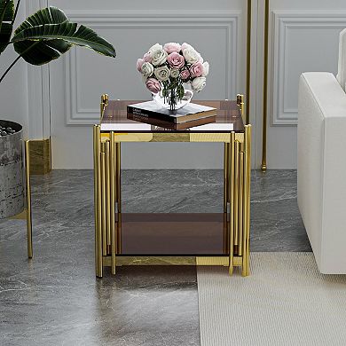 Modern Luxury Gold End Table,19.69" Square Side Table with 8mm Tempered Brown Glass, Two-Tier Design