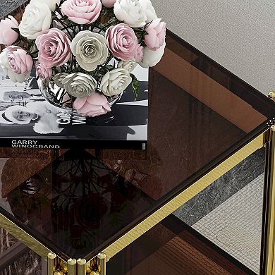 Modern Luxury Gold End Table,19.69" Square Side Table with 8mm Tempered Brown Glass, Two-Tier Design